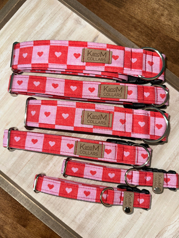 Red & Pink Checkered Hearts Dog Collar, Valentines Day