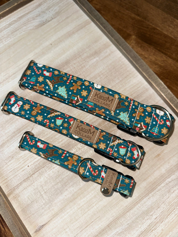 Gingerbread on Dark Teal Dog Collar, Christmas