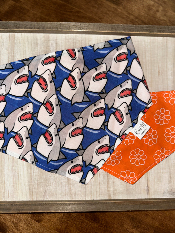 Shark Attack on Dark Blue Reversible Dog Bandana
