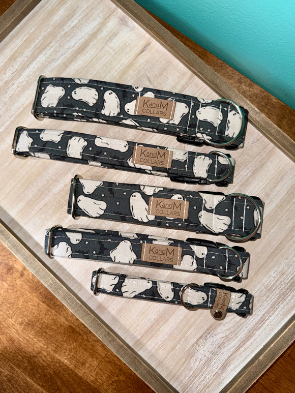 White Ghosts on Black Halloween Dog Collar